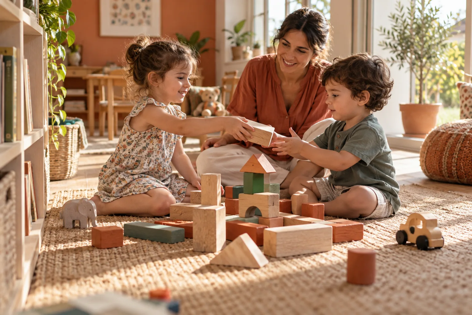 Due bambini piccoli giocano a turno con un adulto vicino