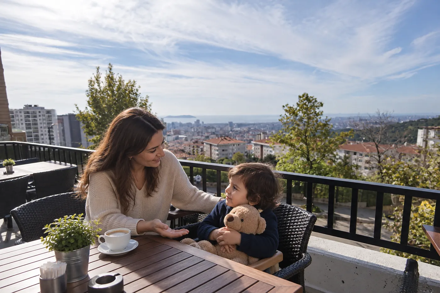 Un adulte aide calmement un enfant à communiquer dans un décor inspiré de Filifu