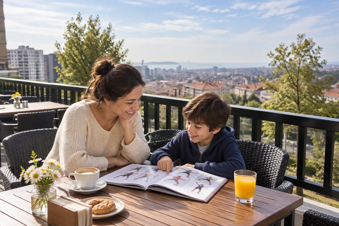 Une famille échange sur la gymnastique des enfants dans un décor inspiré de Filifu