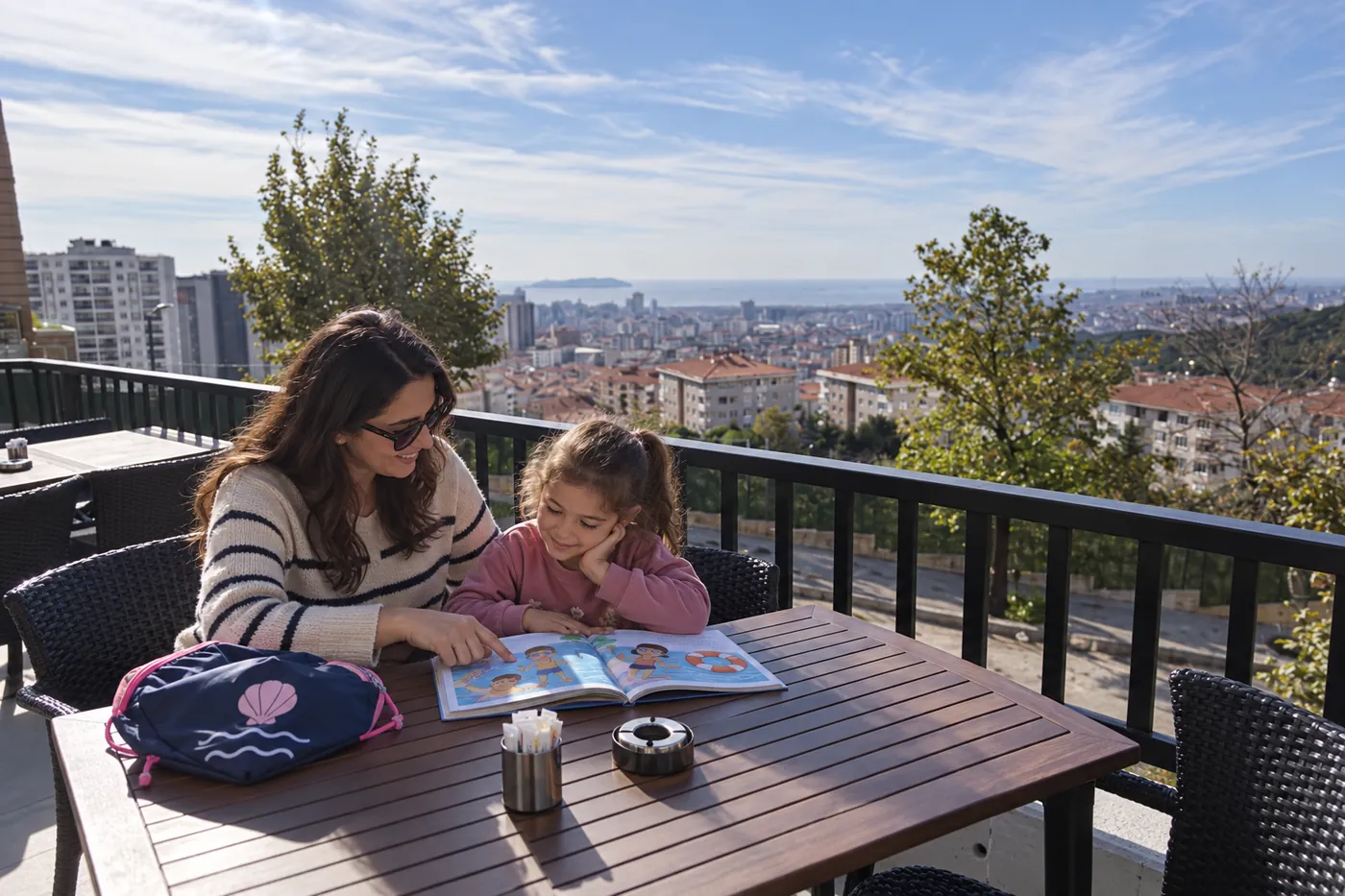 Une famille parle de sécurité aquatique dans un décor inspiré du café Filifu