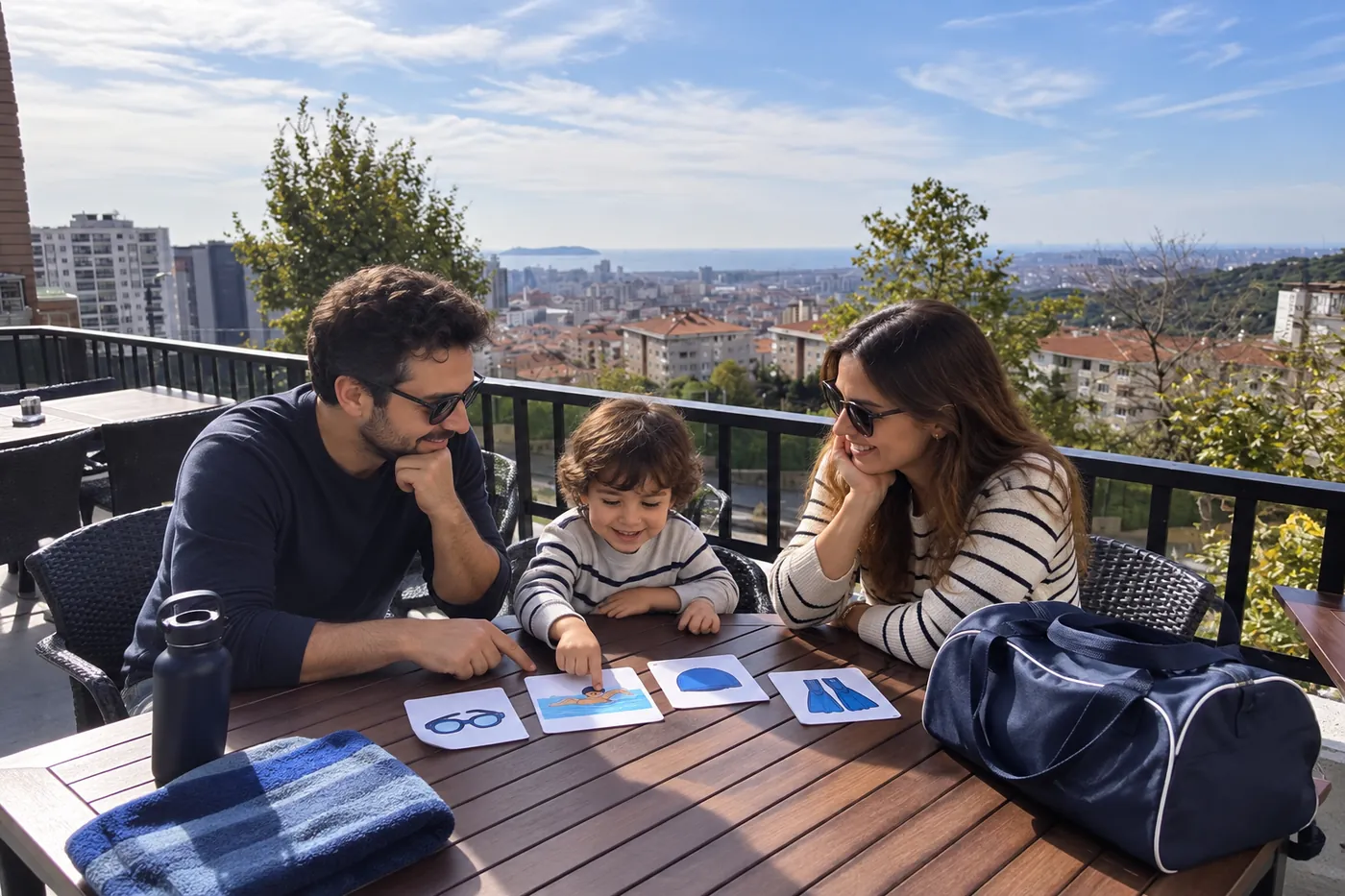 Une famille prépare les cours de natation d'un enfant dans un décor inspiré de Filifu