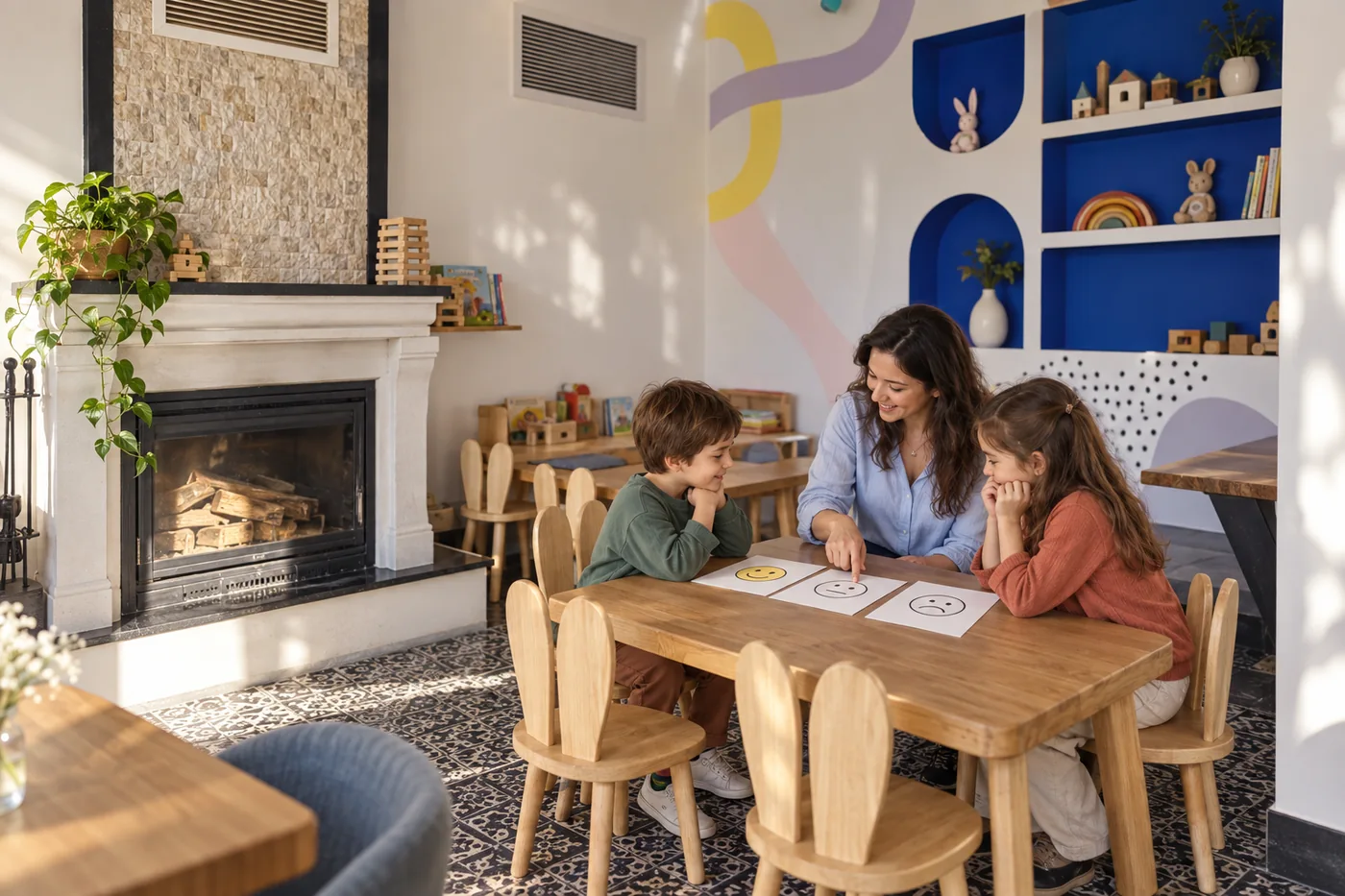 Ein Elternteil und zwei Kinder besprechen Gefühlskarten neben dem Kamin in einer an Filifu angelehnten Café-Szene