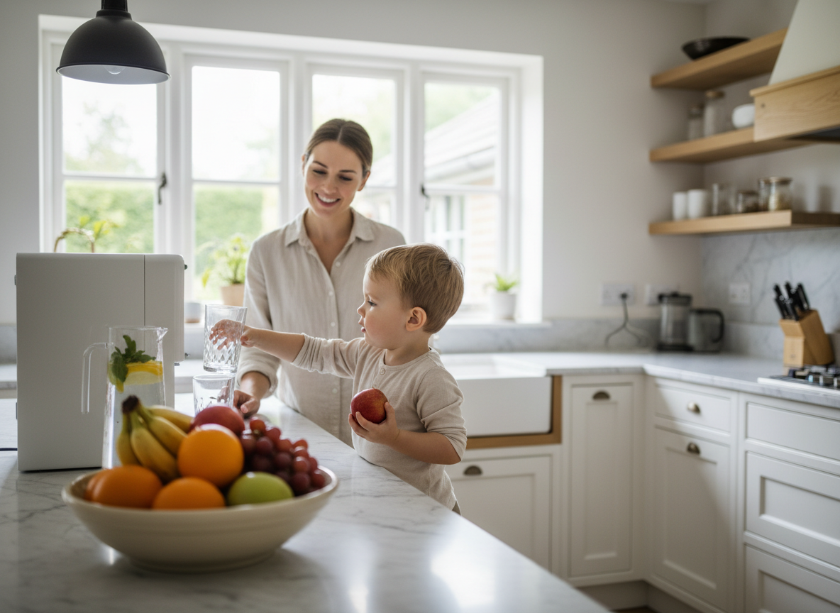 Photo éditoriale d’un enfant qui choisit un verre d’eau et un fruit frais à la maison, parent à proximité, cuisine lumineuse, sans texte