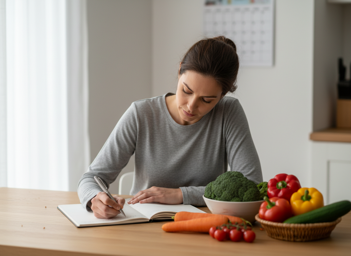 Photo éditoriale d’un parent qui planifie des repas familiaux simples pour la semaine avec carnet et légumes, sans texte