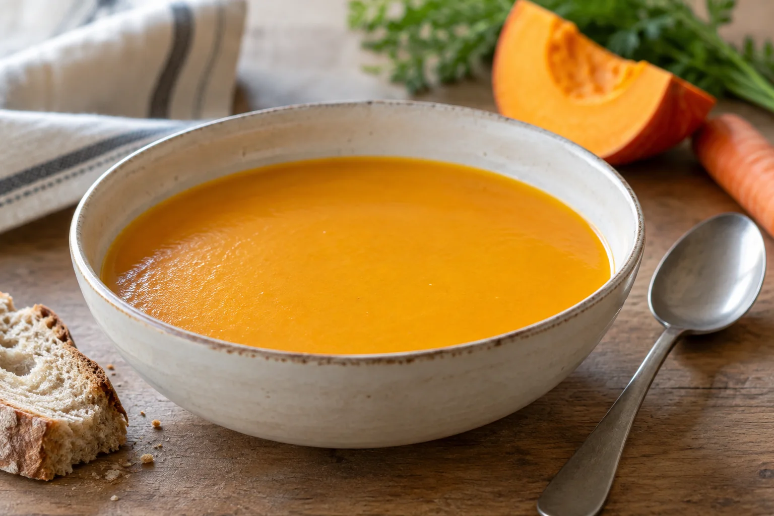 Glatt pürierte goldorange Kürbis-Möhren-Suppe in einer hellen Schale auf einem Küchentisch
