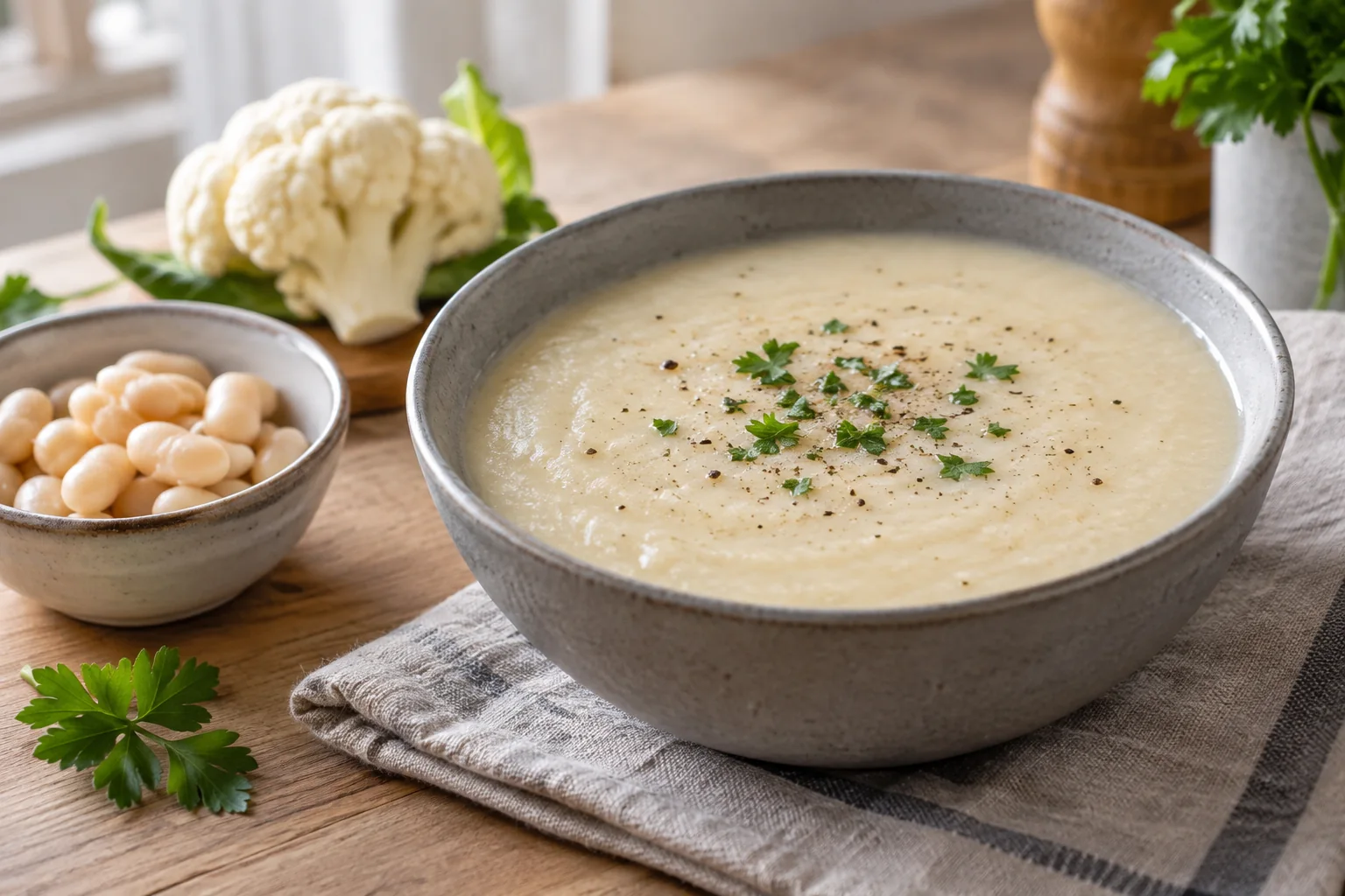 Cremig weiße Blumenkohlsuppe mit pürierten weißen Bohnen in einer schlichten grauen Keramikschale
