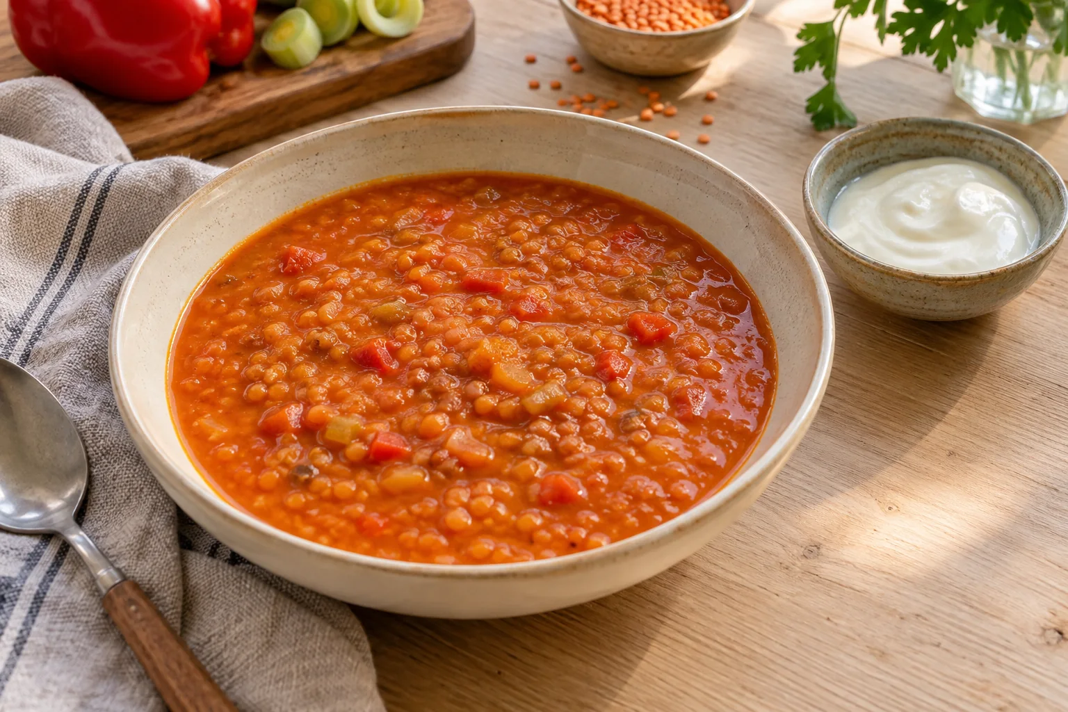 Rotorange Tomaten-Linsen-Suppe mit kleinen weichen Lauchstücken und fein gegarter roter Paprika