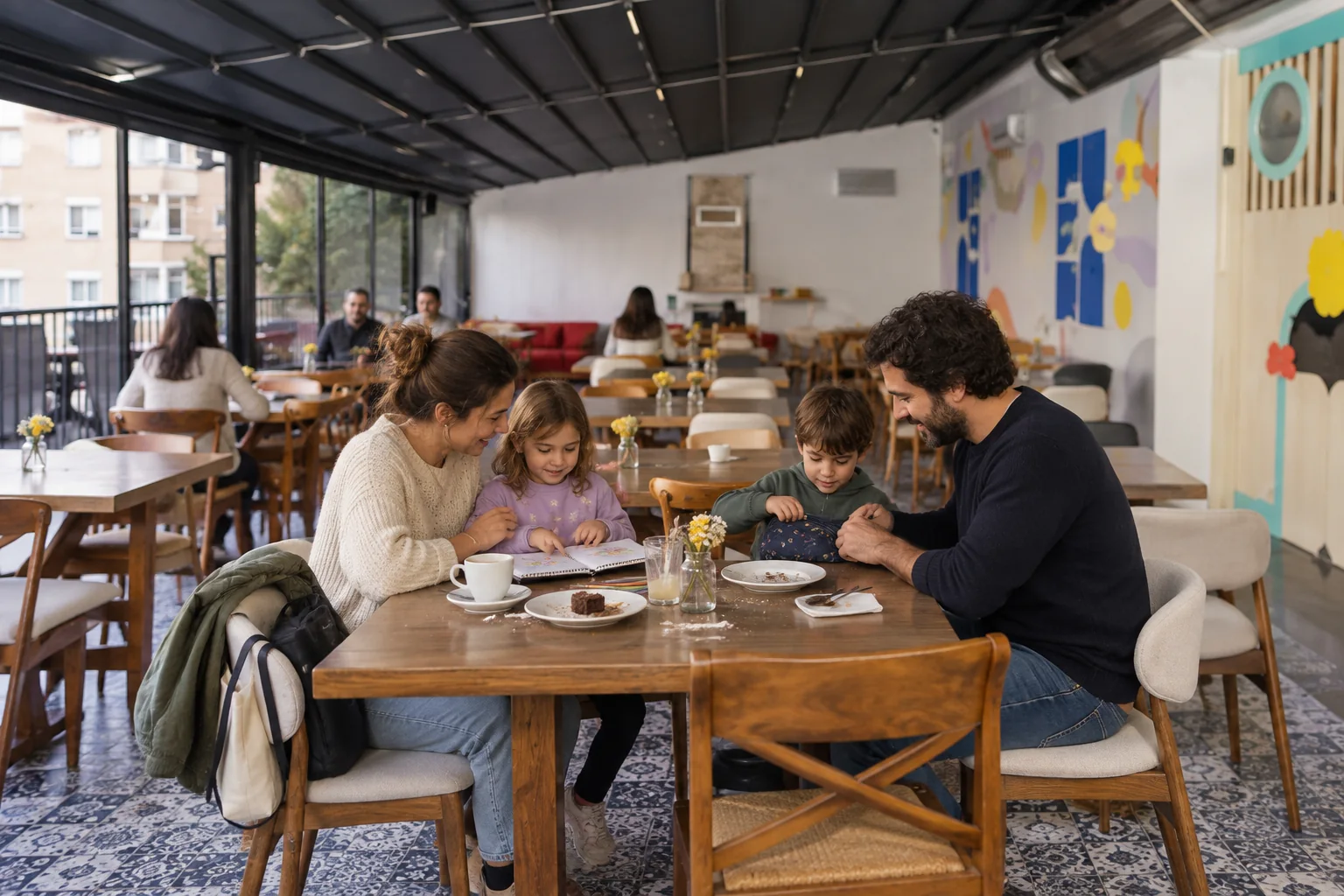 Une famille avec deux enfants assise autour d’une table avec des assiettes et des boissons