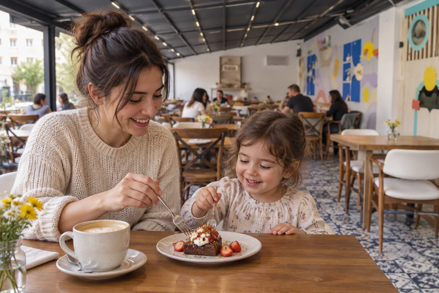 Un parent et une enfant regardent une assiette de gâteau posée à côté de boissons