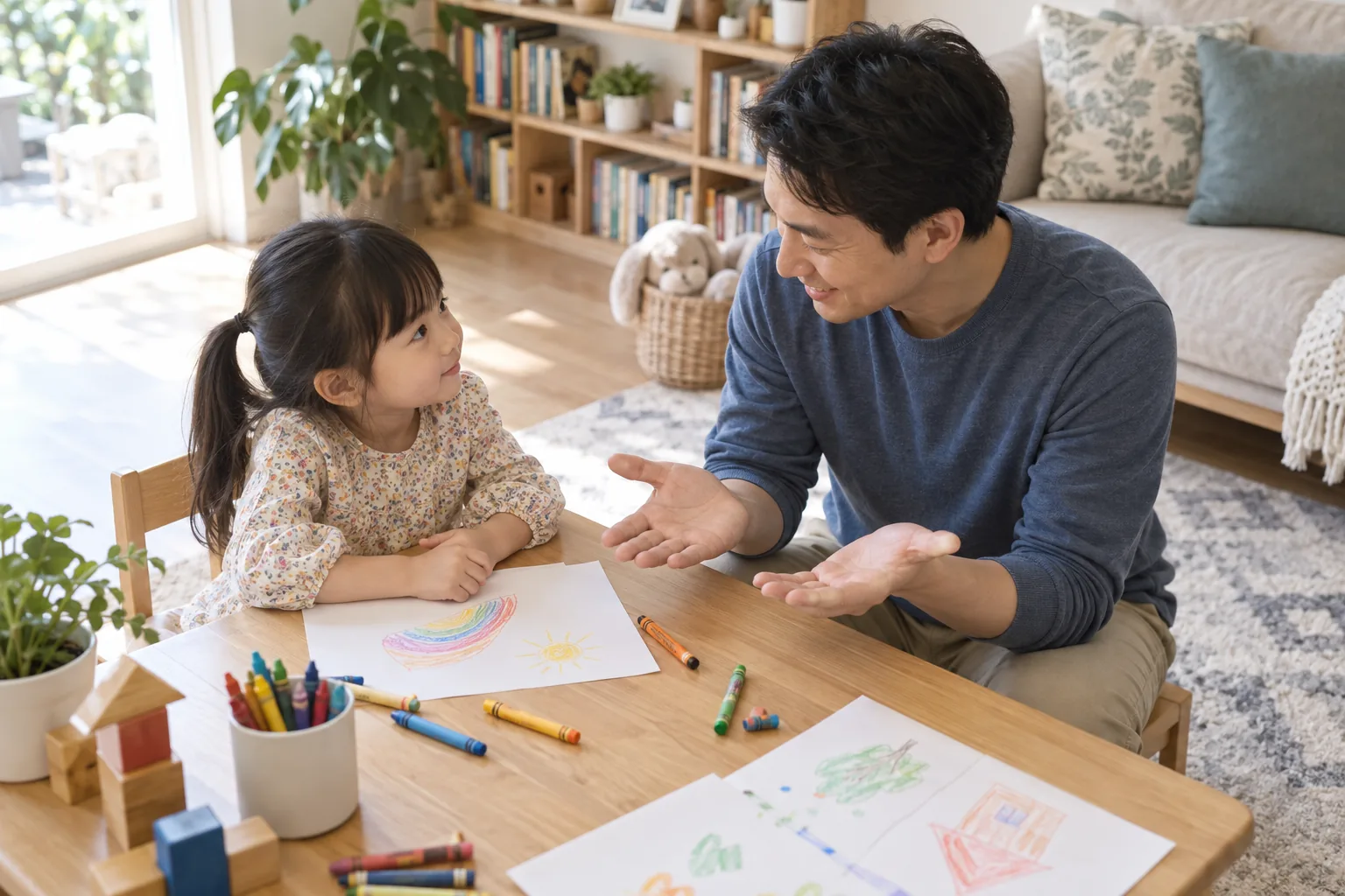 家長平靜地和學齡前孩子討論不傷人的手部動作