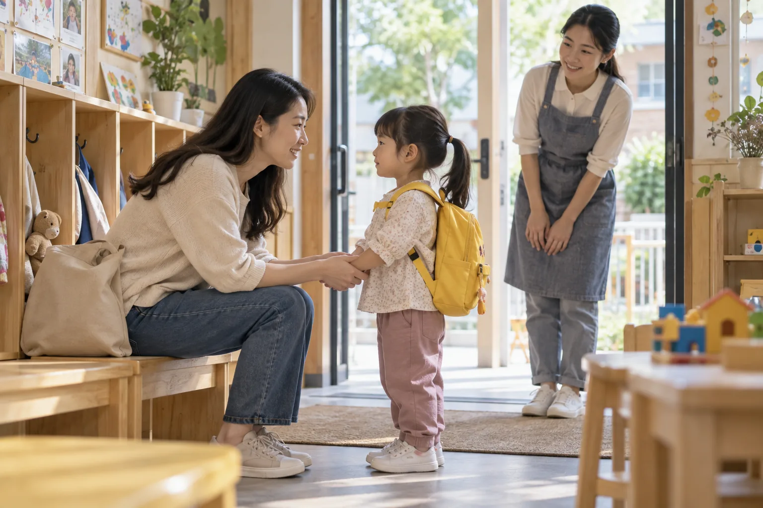 孩子入园时哭着不让走:怎样建立可预期的告别? — 1 家长在幼儿园门口平静地向孩子告别