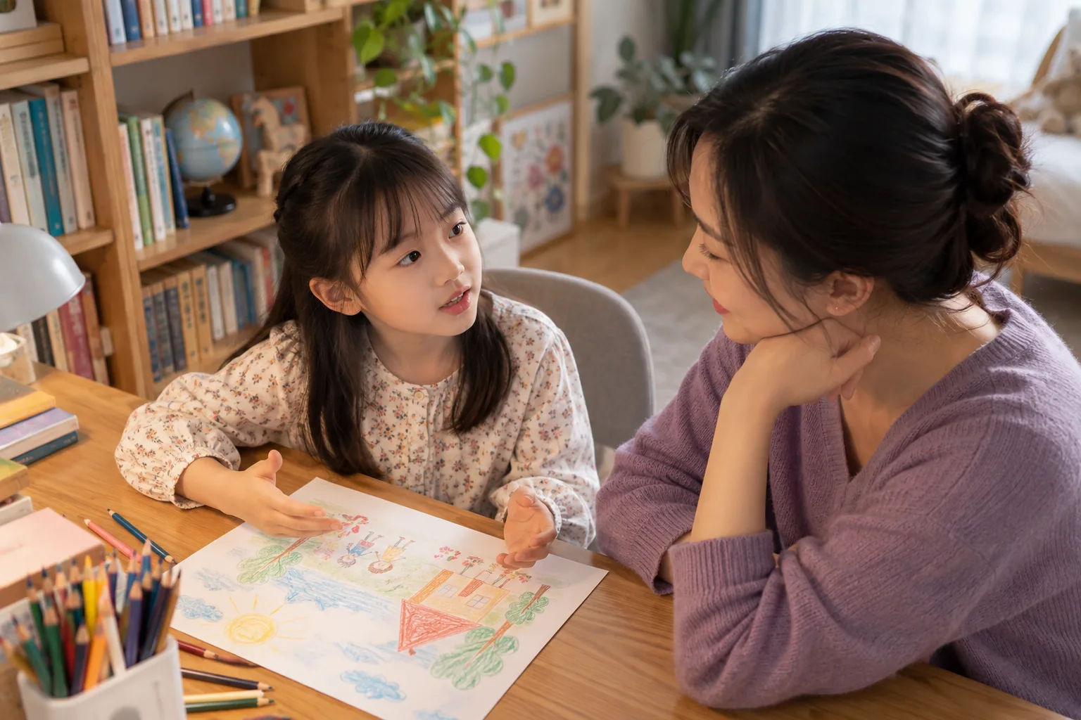 家長與學齡孩子在家平靜討論誠實