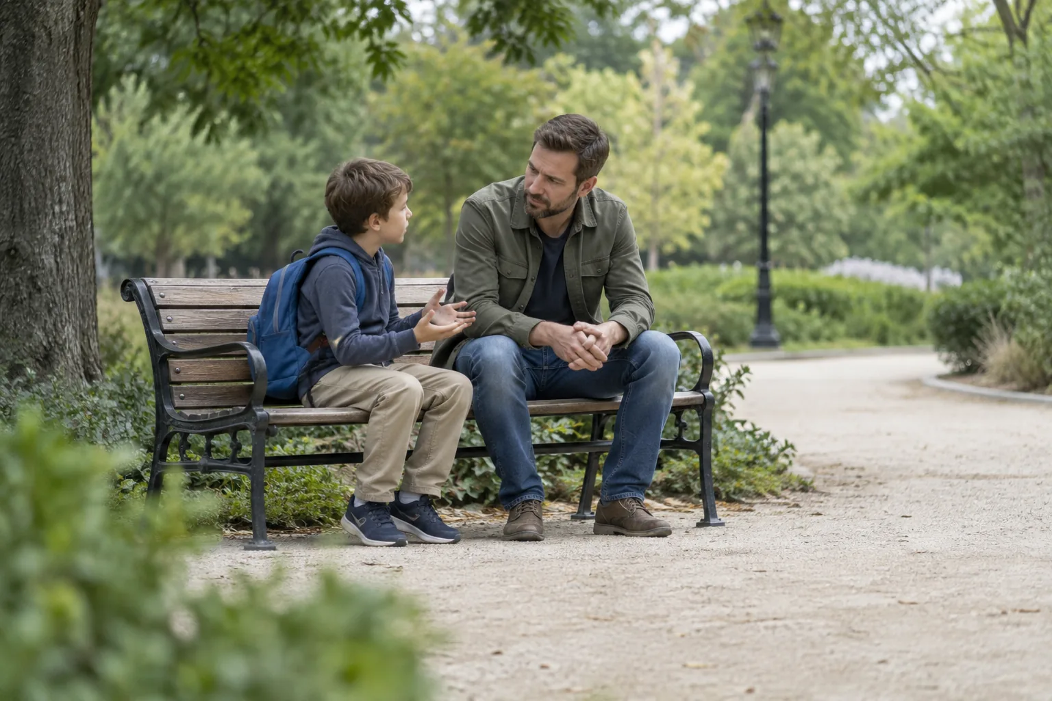 A parent listening to a school-age child on a quiet park bench