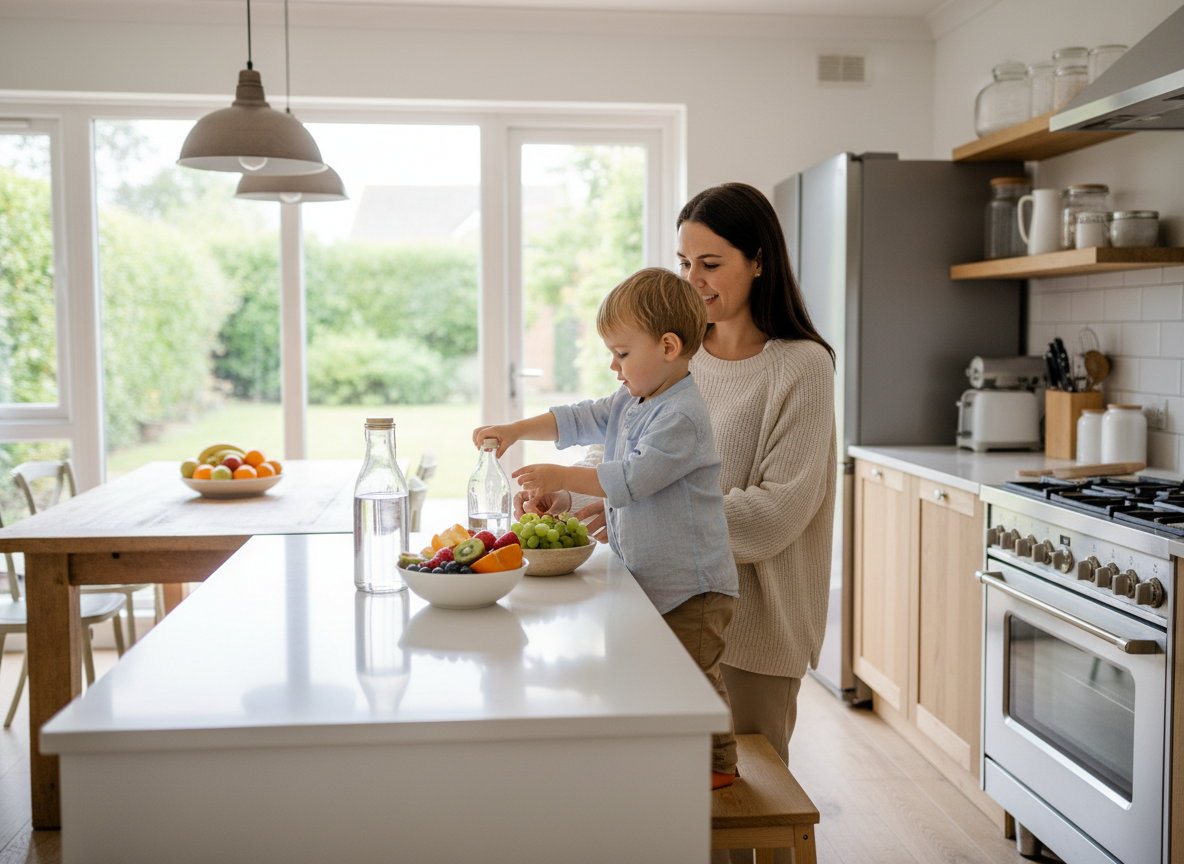 Foto editoriale di un bambino che sceglie acqua e frutta fresca a casa, un genitore vicino, cucina luminosa, nessun testo