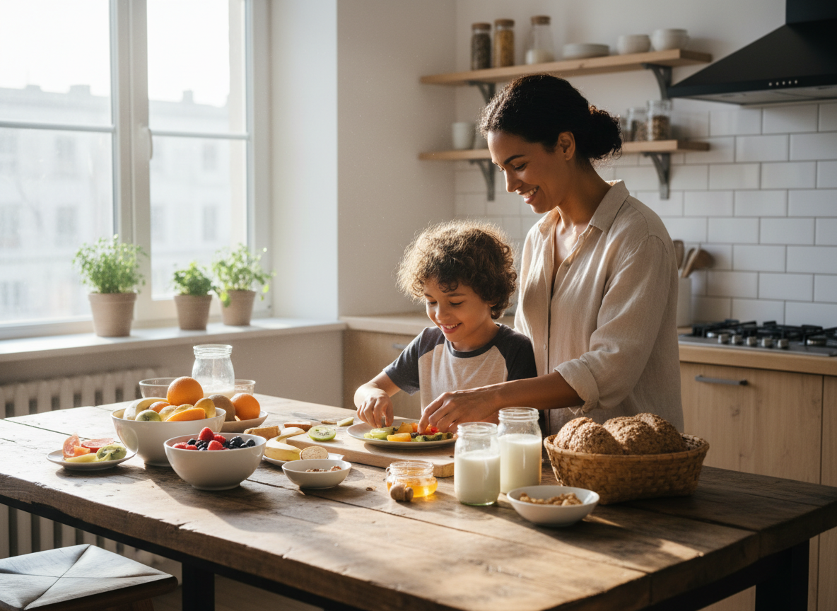 Fotografia editoriale luminosa di un genitore e un bambino in età scolare che preparano una merenda colorata con frutta, yogurt e pane integrale in una cucina soleggiata, senza testo