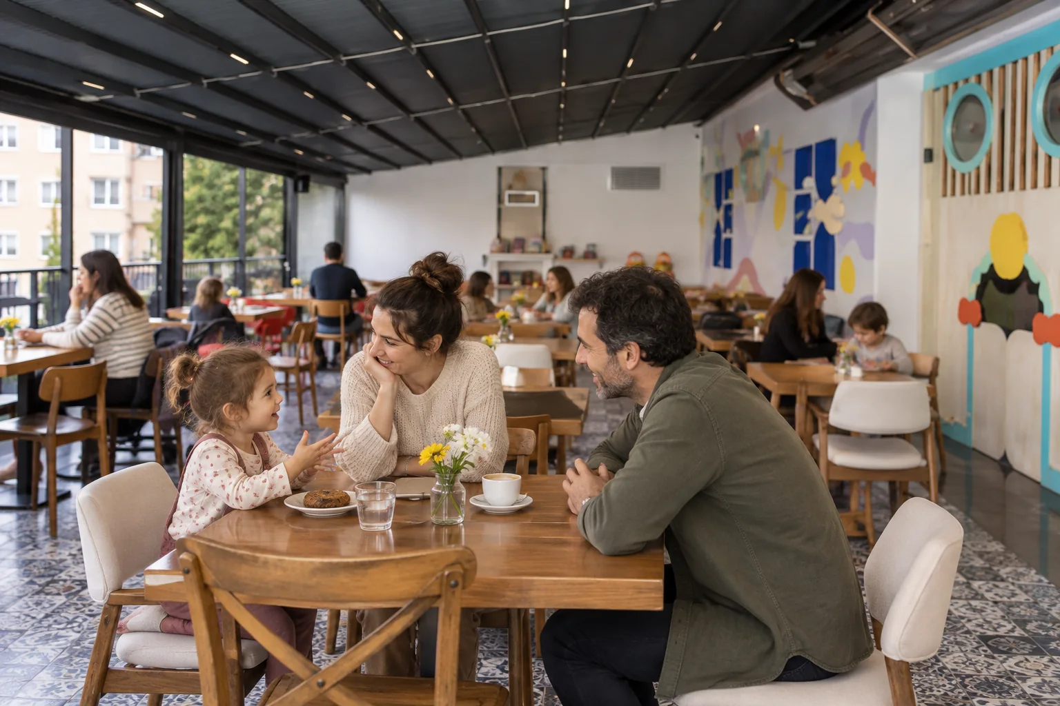 Ahşap kafe masasının çevresinde çocuklarıyla sohbet eden iki ebeveyn