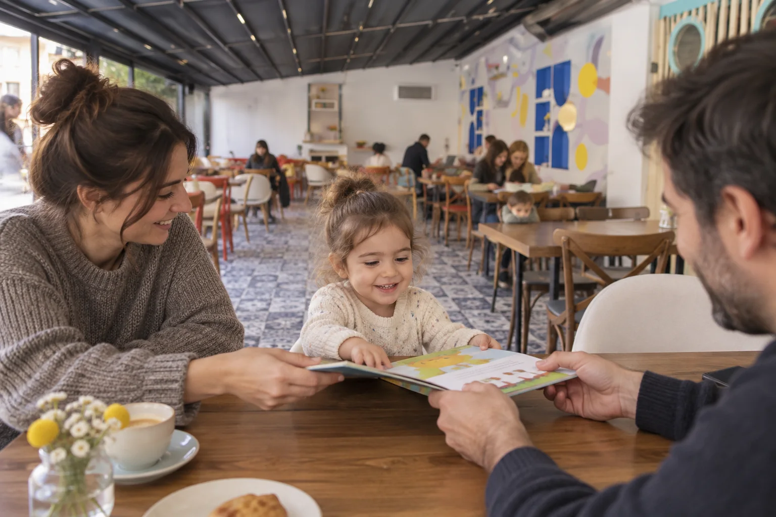 Kafe masasında açık resimli kitabı birlikte tutan ebeveynler ve çocuk