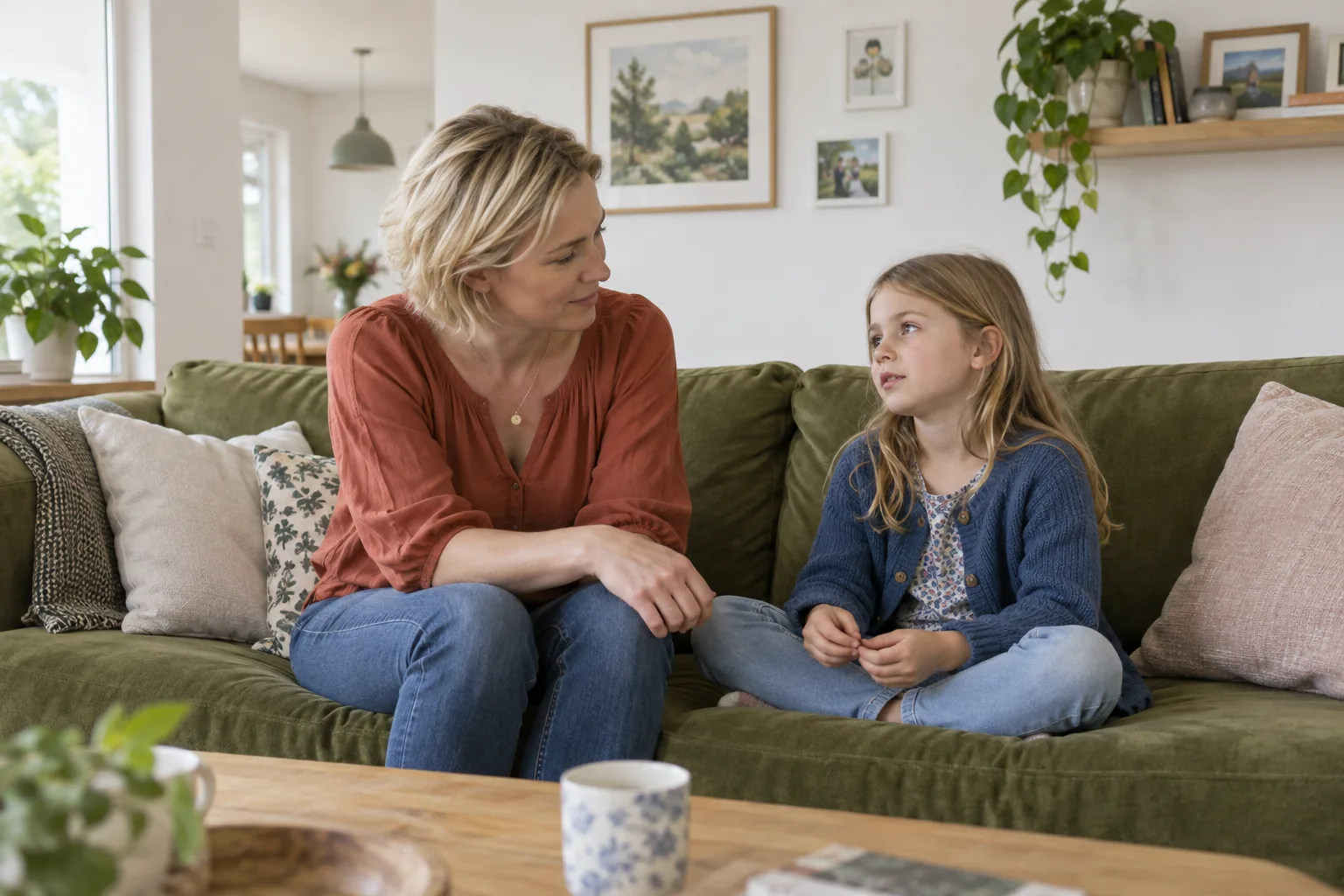 Ein Elternteil und ein Kind führen auf dem Sofa ein ruhiges Gespräch