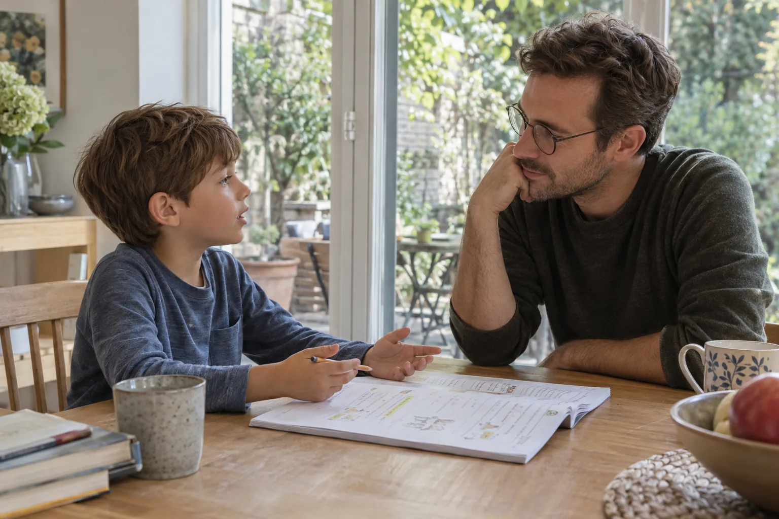 Mein Kind lügt: Ehrlichkeit ermöglichen und Verantwortung lernen — 1 Elternteil und Schulkind führen zu Hause ein ruhiges Gespräch über Ehrlichkeit