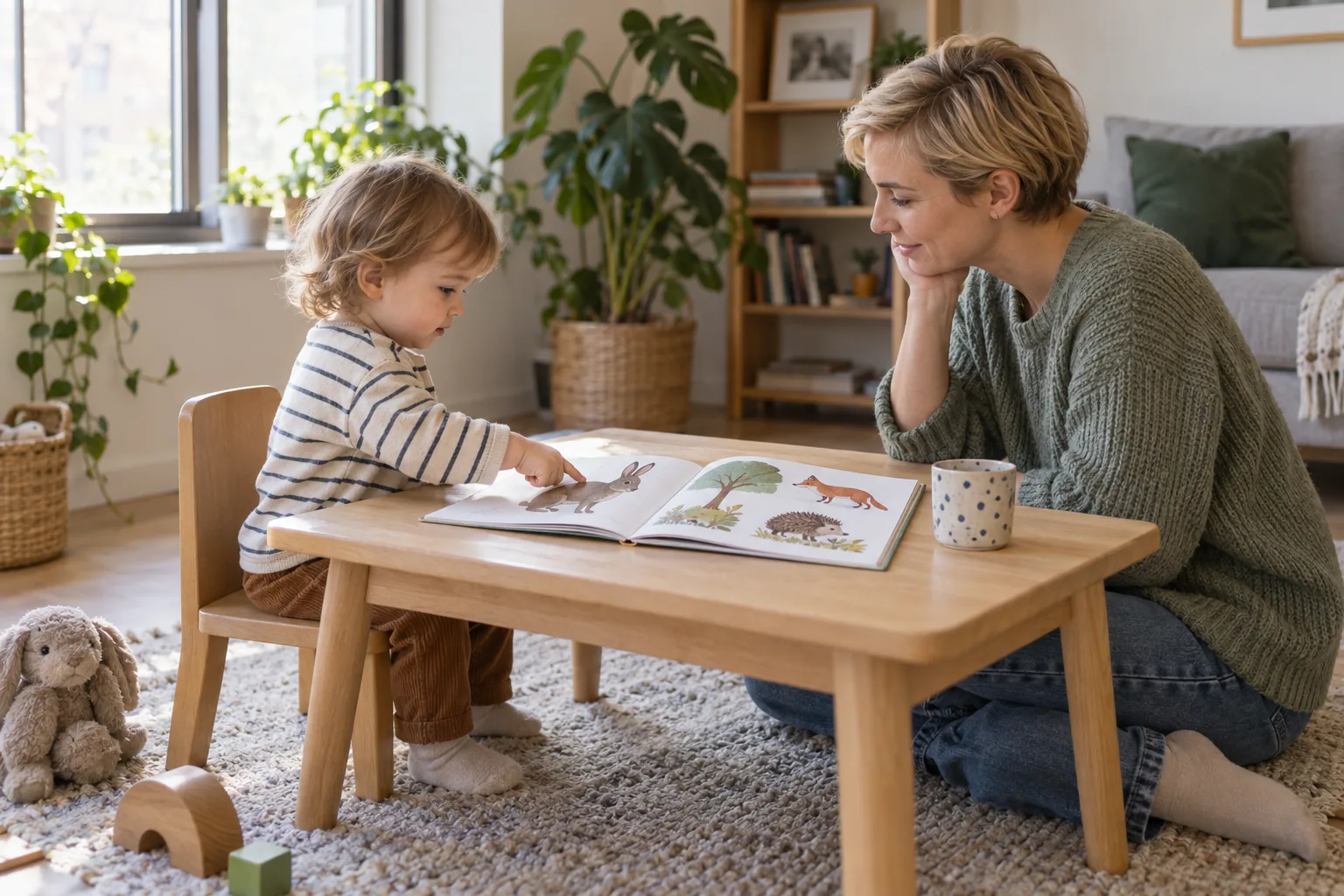 Elternteil und Kleinkind betrachten gemeinsam ein Bilderbuch