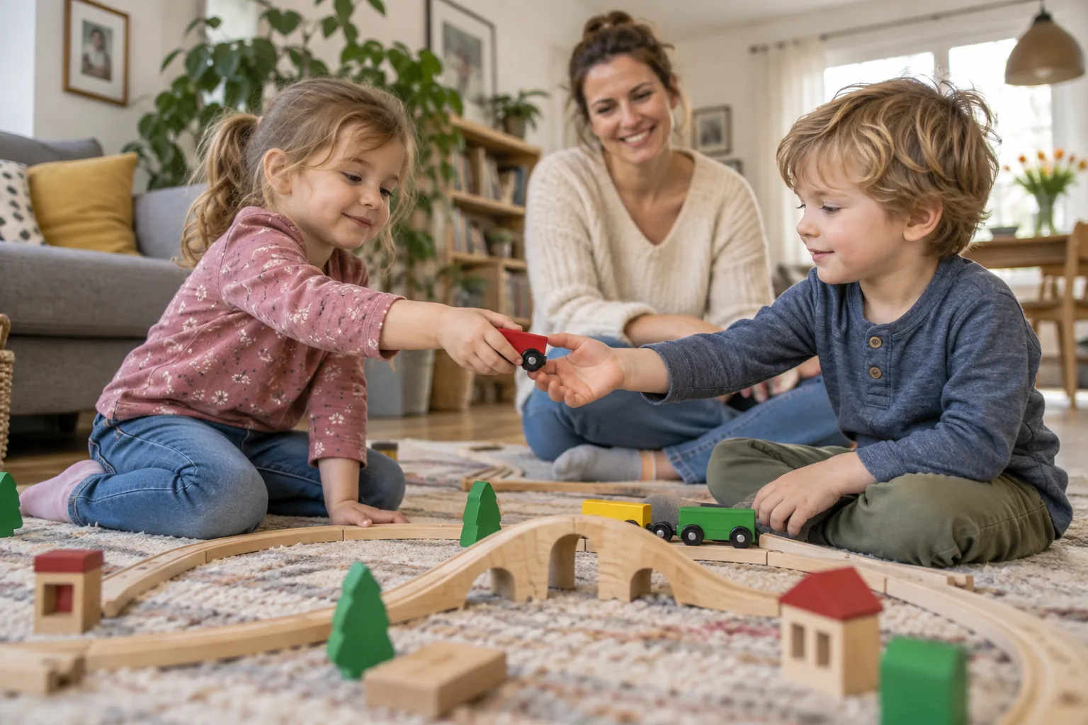 Zwei kleine Kinder wechseln sich beim Spielen ab, während ein Erwachsener dabeibleibt