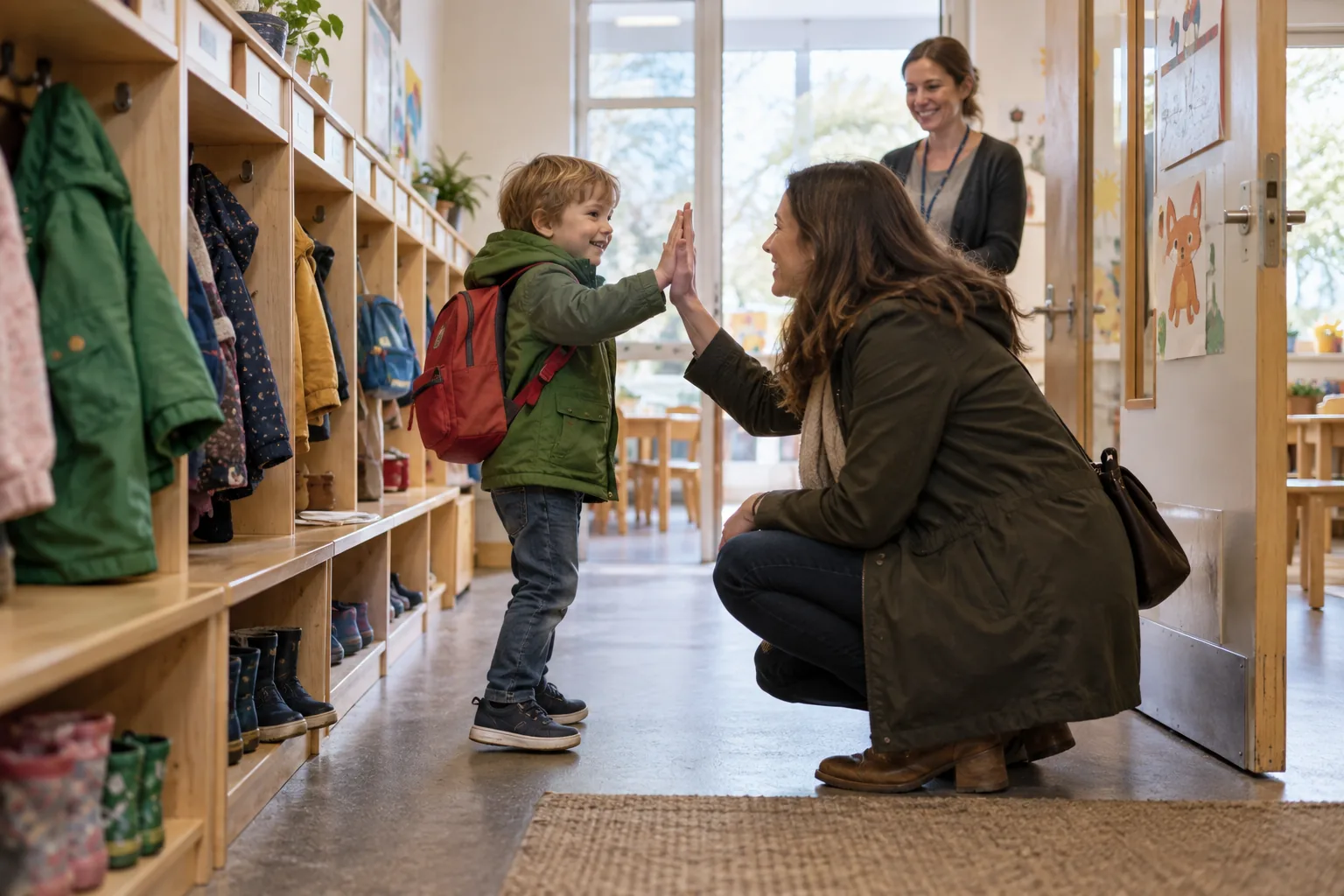 Elternteil verabschiedet sich ruhig an der Kita-Garderobe