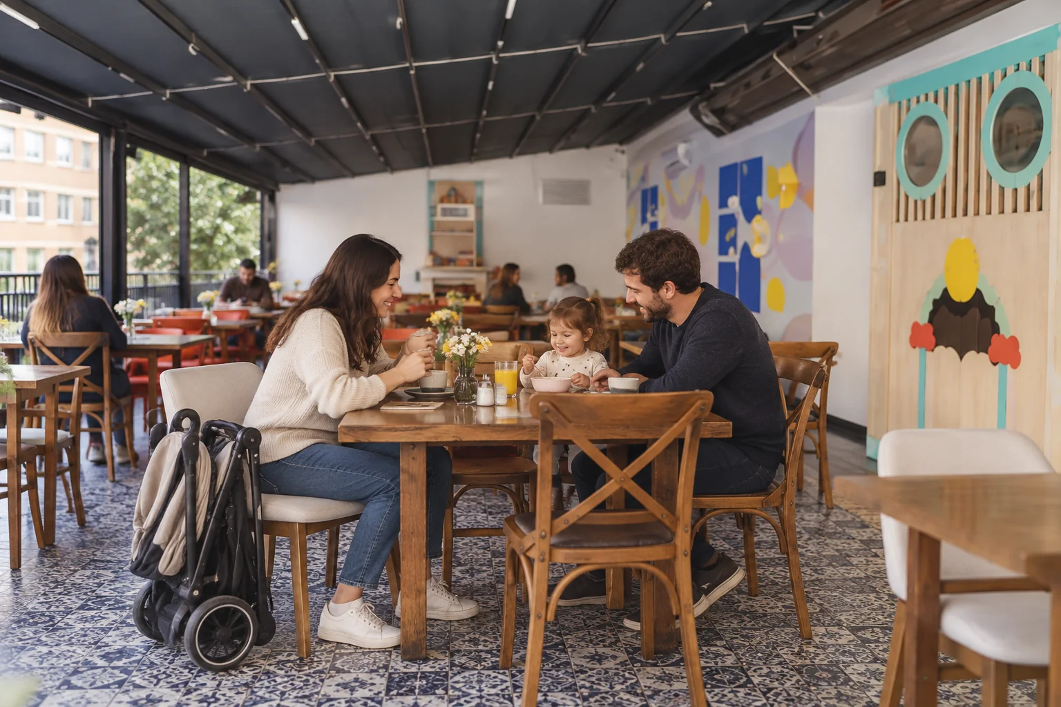 Zusammengeklappter Kinderwagen neben einem Tisch, an dem eine Familie sitzt