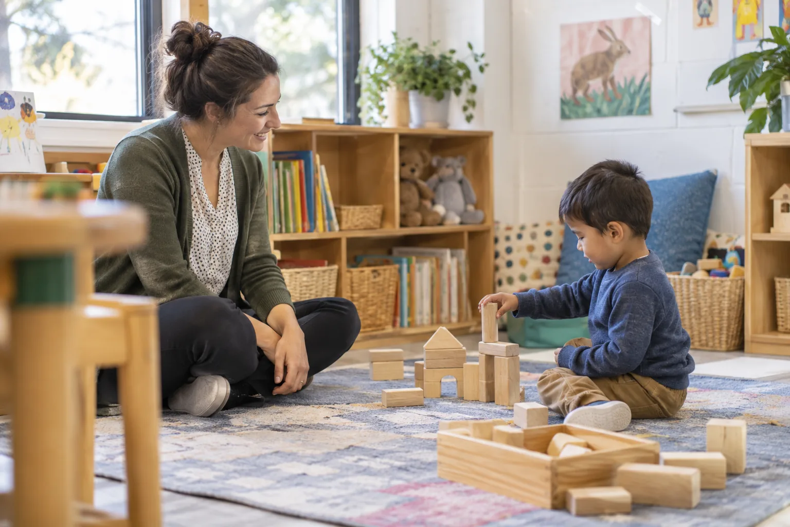 孩子入园时哭着不让走:怎样建立可预期的告别? — 2 老师在安静的游戏角欢迎孩子