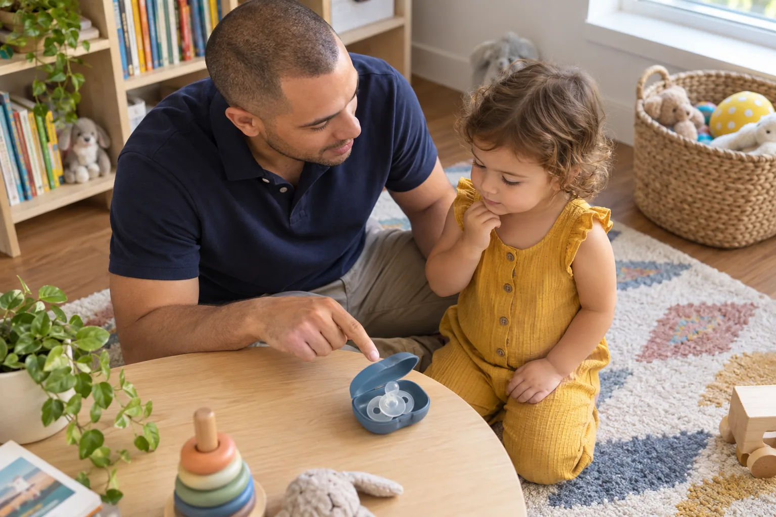 Genitore e bambino piccolo parlano con calma del saluto al ciuccio