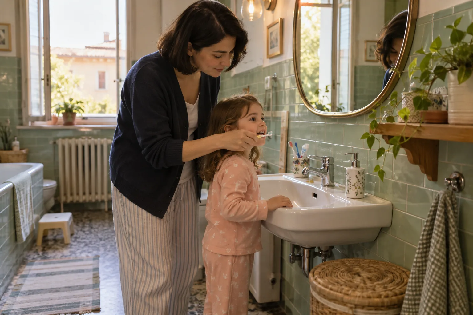 Un genitore accompagna un bambino mentre si lava i denti in bagno Un genitore accompagna un bambino mentre si lava i denti in bagno