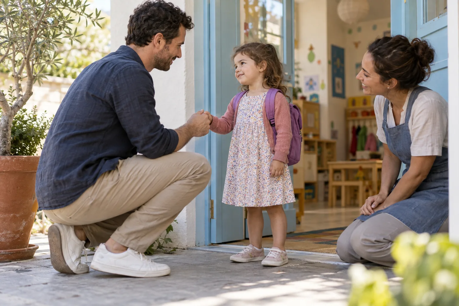 Piange quando lo lascio al nido: costruire un saluto prevedibile — 1 Genitore che saluta con calma un bambino all’ingresso del nido