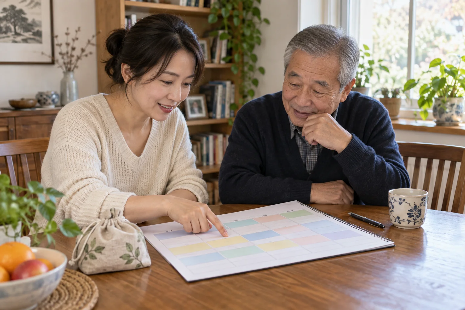 两位成年人在家中餐桌旁一起查看彩色分区的日程表