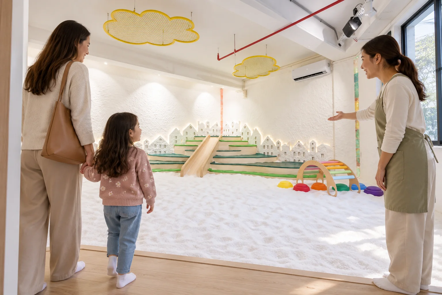 Une mère et un enfant regardent une salle de sel illustrative pendant qu’une animatrice présente l’espace