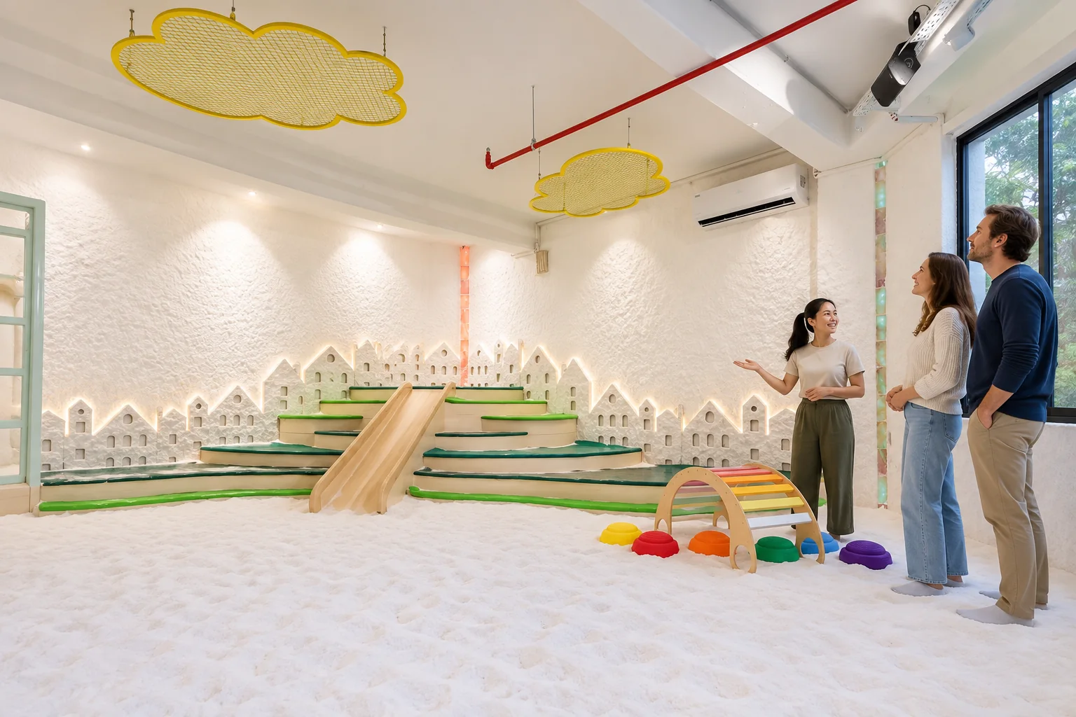 Zwei Erwachsene sprechen mit einer Spielbegleiterin in einer illustrativen Salzraumansicht mit Holzrutsche und gelben Deckenwolken