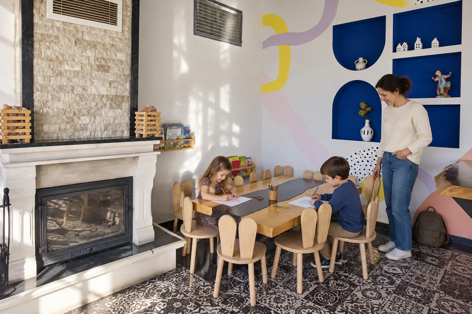 Two children drawing at a low wooden table beside a closed fireplace and colourful wall shelves while a parent stands nearby