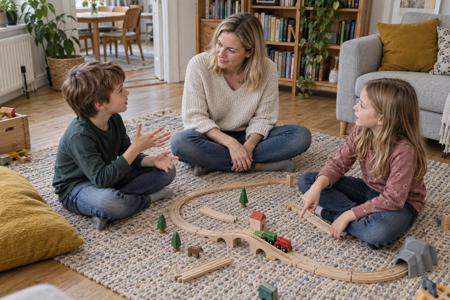 Eine Mutter hört zwei Geschwistern nach einer Spielpause zu