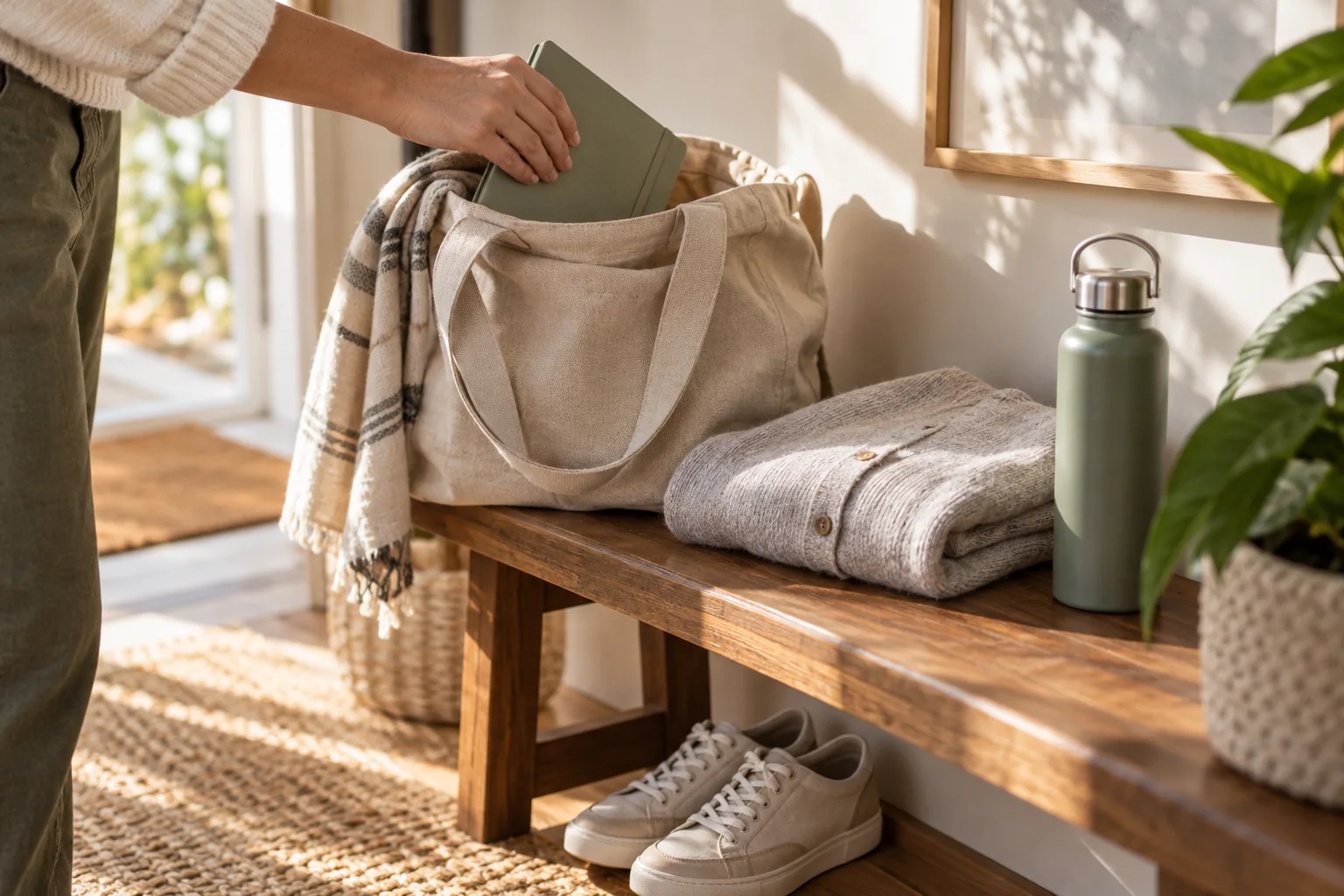 Una mano adulta mette un quaderno in una borsa di tela accanto a un cardigan e una borraccia