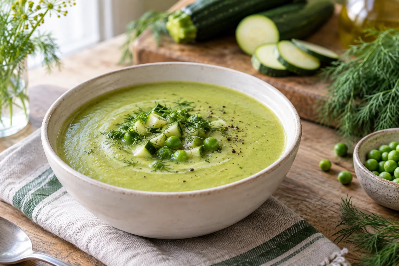 Soupe verte lisse de courgettes et petits pois dans un bol clair, décorée de quelques brins d’aneth finement coupés.