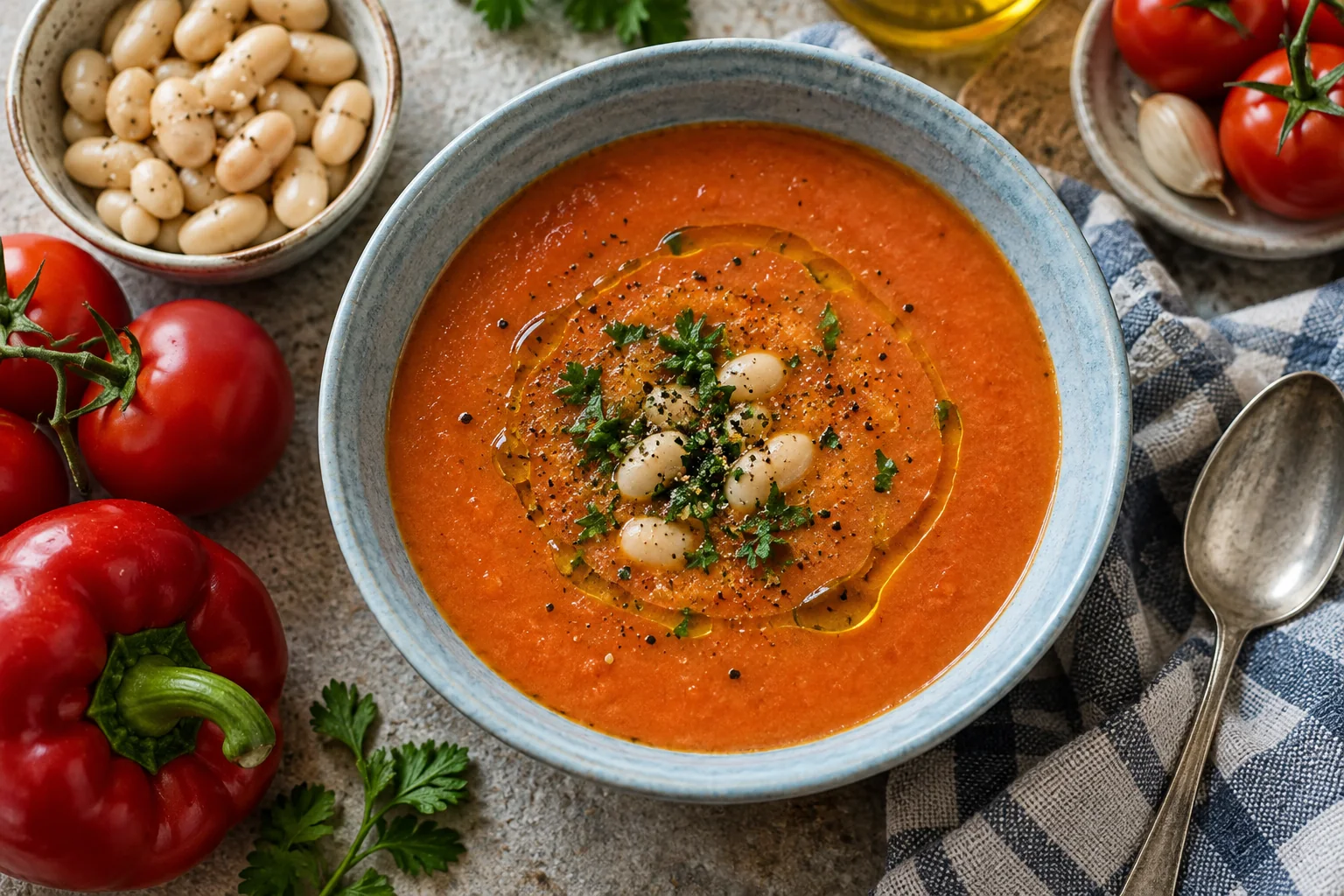 Soupe rouge orangé de tomates, poivron rouge et haricots blancs, finement mixée et présentée avec un léger filet d’huile d’olive.