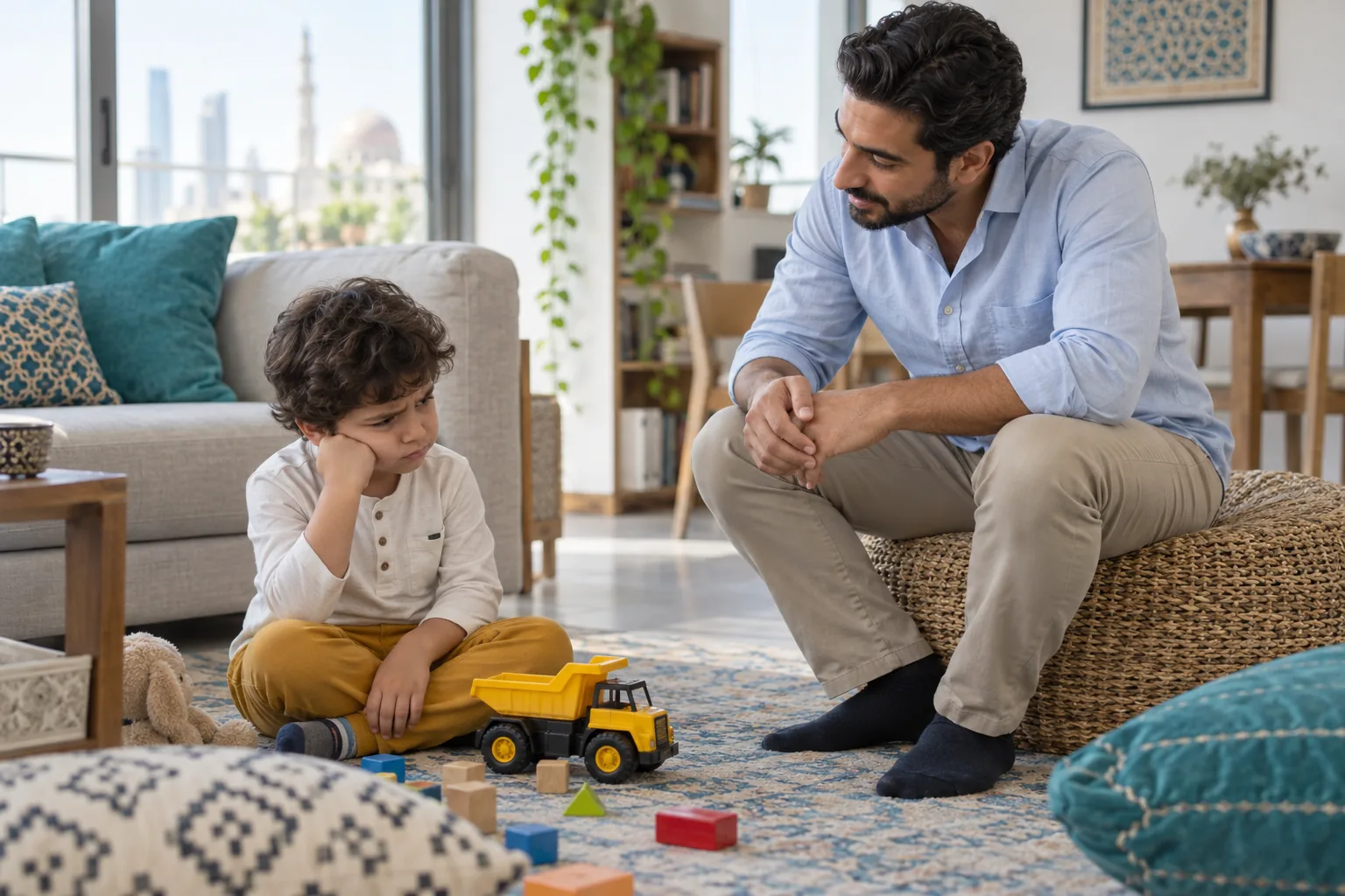 والد يجلس بهدوء قرب طفل غاضب في غرفة منزلية