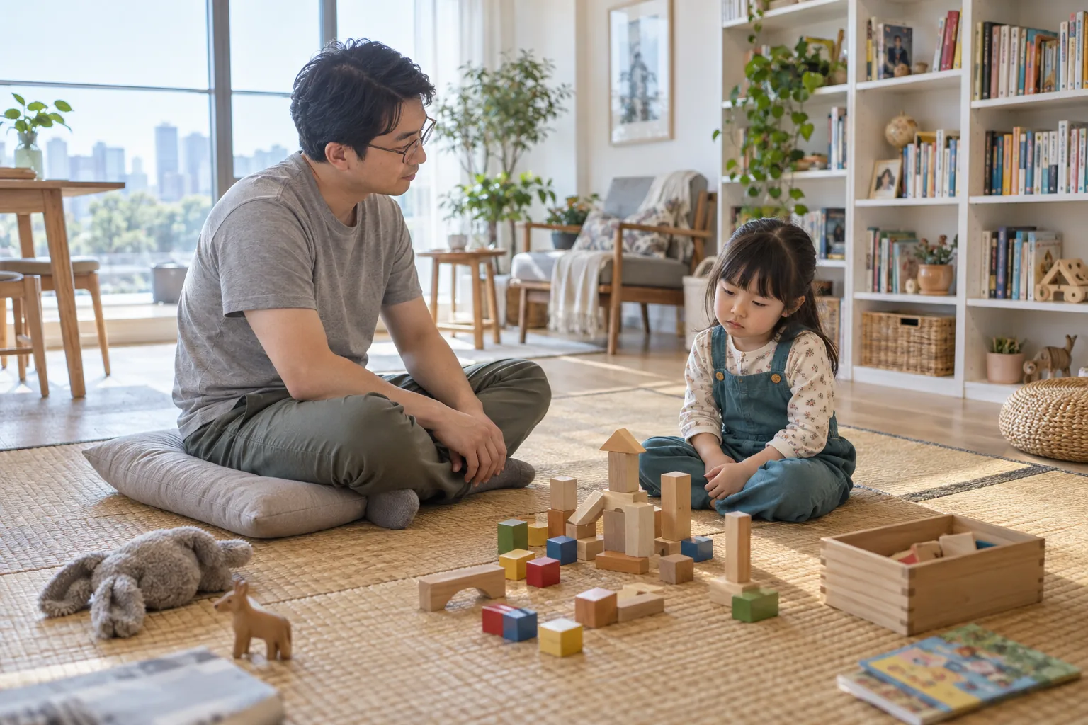 家长在客厅安静陪伴情绪激动的幼儿