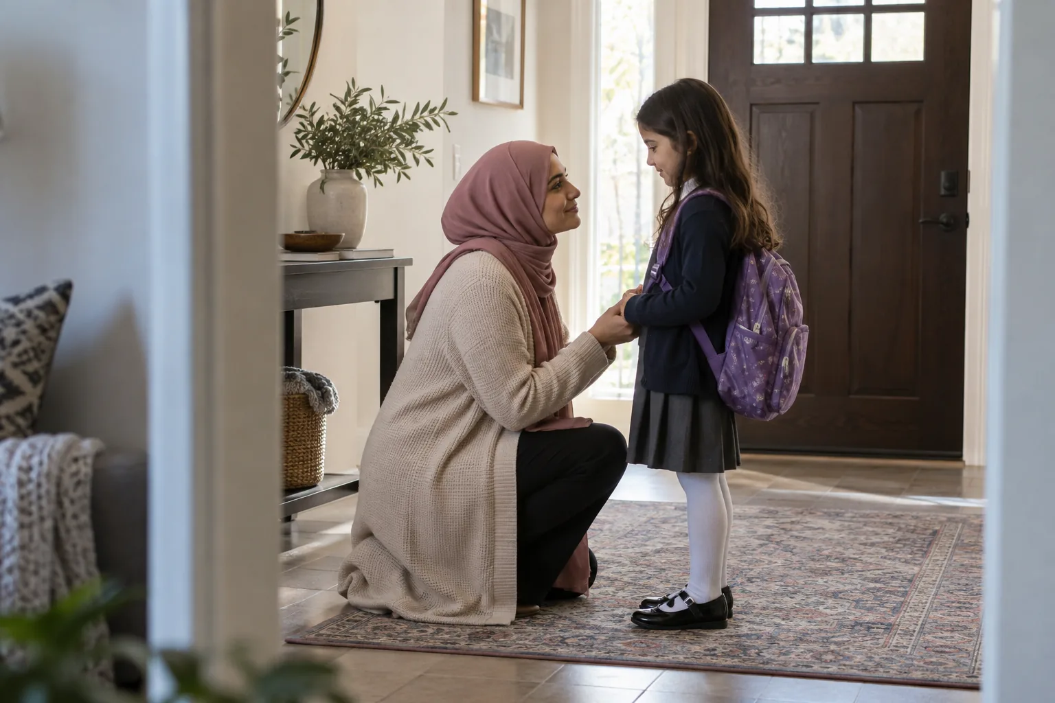أحد الوالدين يستمع بهدوء إلى طفل يحمل حقيبته المدرسية عند مدخل المنزل أحد الوالدين يستمع بهدوء إلى طفل يحمل حقيبته المدرسية عند مدخل المنزل