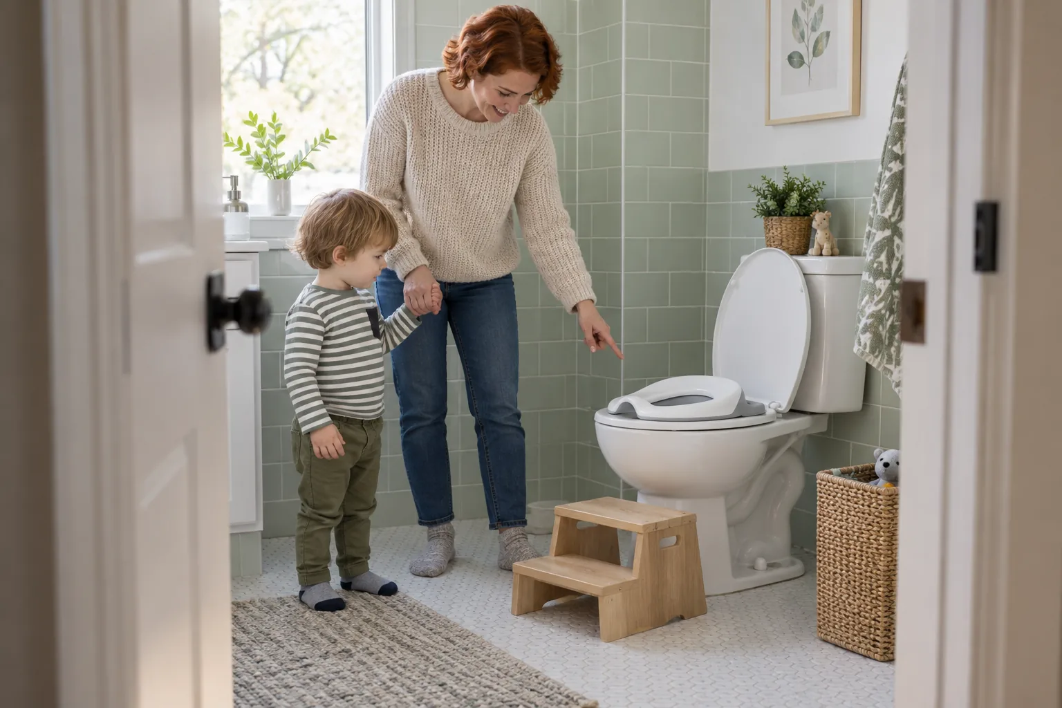 Elternteil zeigt einem bekleideten Kind einen Toilettenaufsatz und die Fußstütze