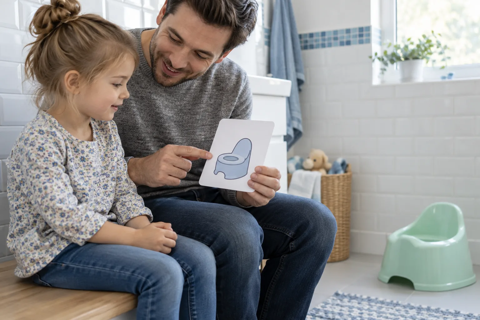 Parent introducing a potty to a fully dressed child in a bathroom