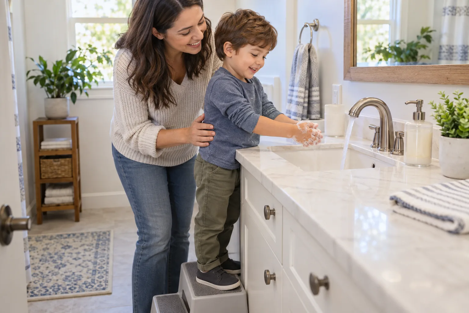 Enfant se lavant les mains avec l’aide d’un adulte Enfant se lavant les mains avec l’aide d’un adulte