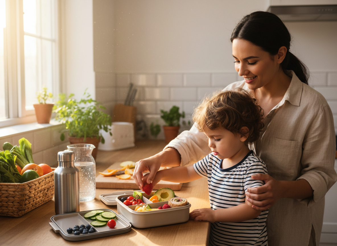 Editorial photograph of a parent and young child packing a colorful balanced lunchbox with fruit, vegetables, sandwich and water bottle at home, natural light, no text