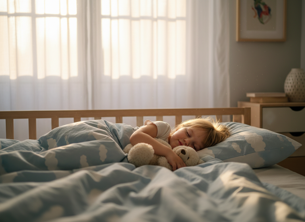 Editorial photo of a child sleeping peacefully in bed while morning light comes through curtains, calm restful sleep, no text