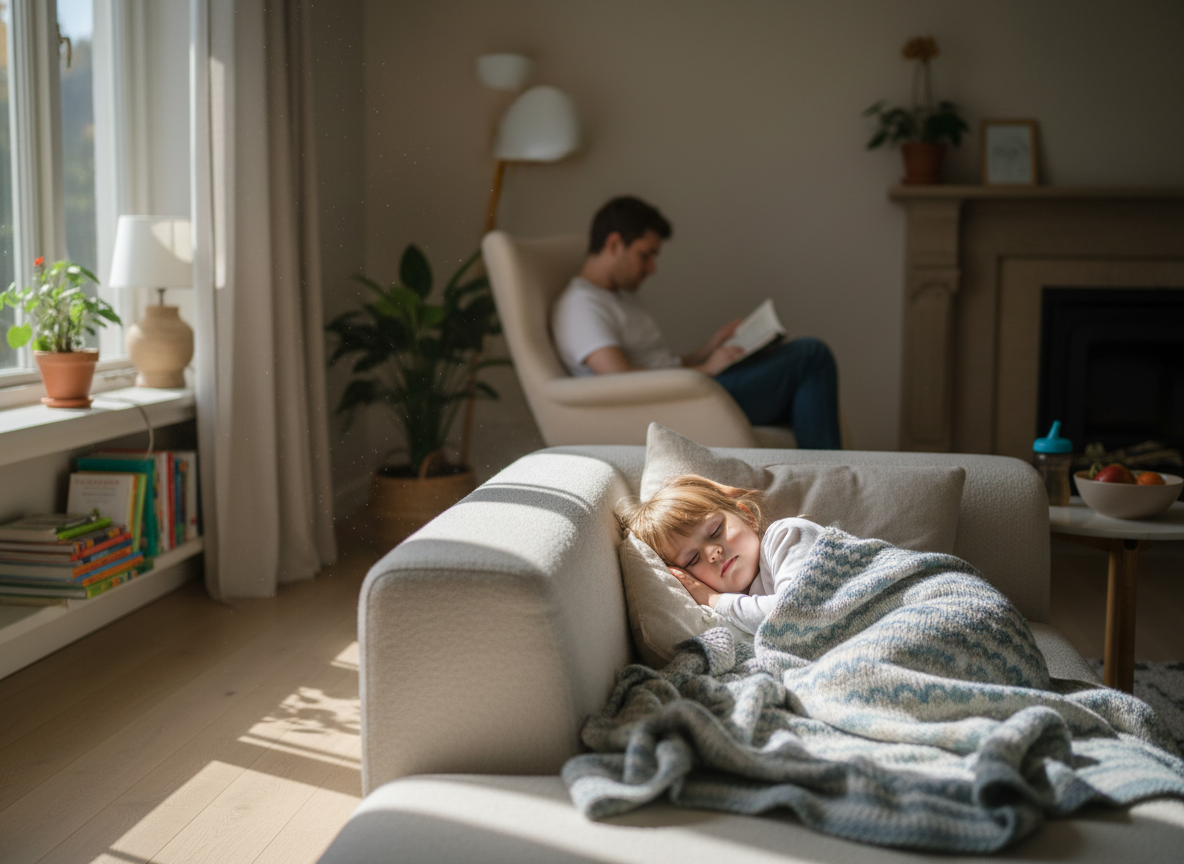 Editorial photo of a toddler resting in a quiet room after lunch, parent nearby, cozy daytime nap setting, natural light, no text