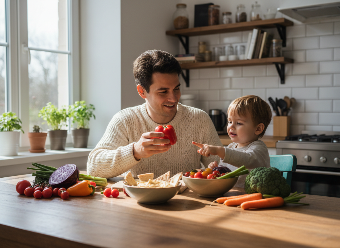 A warm editorial photograph of a parent and preschool child exploring colorful vegetables together at a bright home kitchen table, relaxed no-pressure