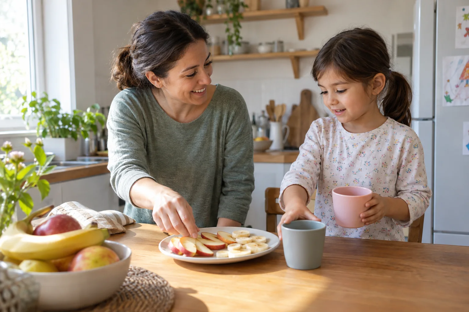A parent and young child arranging prepared apple and banana pieces on a plate in a home kitchen